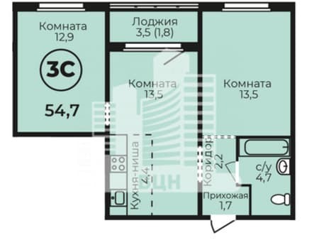 Продается трехкомнатная квартира, 54.7 м², этаж 8 из 16. Фото 9