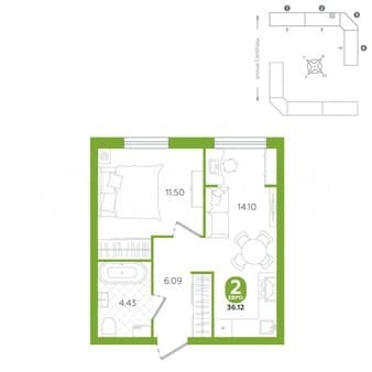 Купить двухкомнатную квартиру, 36.1 м², этаж 1 из 5. Фото 1