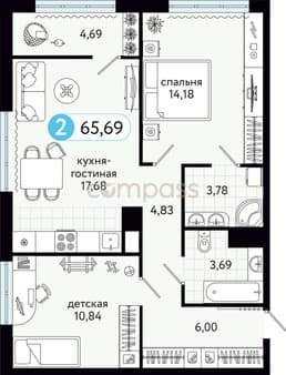 Купить двухкомнатную квартиру, 65.69 м², этаж 11 из 14. Фото 13