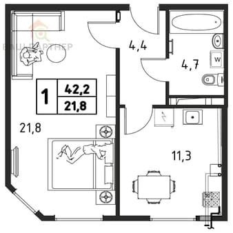 Купить однокомнатную квартиру, 42.2 м², этаж 3 из 3. Фото 2
