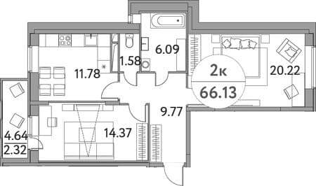 Продажа двухкомнатной квартиры, 66.13 м², 35 мин. до метро на транспорте, этаж 16 из 17. Фото 1