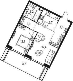 Продажа однокомнатной квартиры, 55.5 м², 5 мин. до метро пешком, этаж 2 из 19. Фото 1