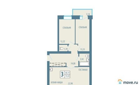 Продам трехкомнатную квартиру, 74.43 м², этаж 5 из 5. Фото 1