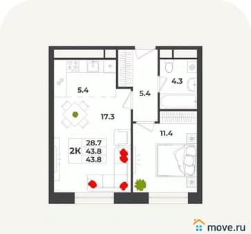 Купить двухкомнатную квартиру, 43.8 м², этаж 3 из 7. Фото 1