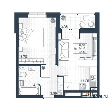 Продажа однокомнатной квартиры, 35.61 м², этаж 1 из 8. Фото 1