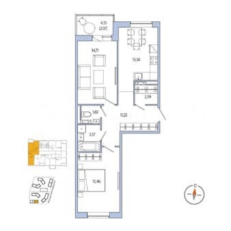 Продам двухкомнатную квартиру, 62.8 м², этаж 4 из 8. Фото 7