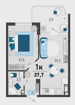 Продажа однокомнатной квартиры, 37.7 м², этаж 1 из 3. Фото 1