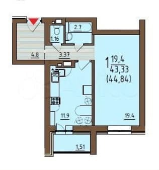 Объявление о продаже однокомнатной квартиры, 44.8 м², этаж 3 из 9. Фото 3