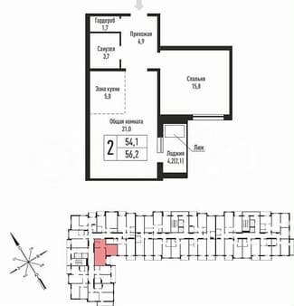 Продажа двухкомнатной квартиры, 56.2 м², этаж 16 из 16. Фото 4