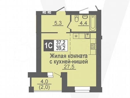 Объявление о продаже однокомнатной студии, 39.2 м², этаж 6 из 14. Фото 1