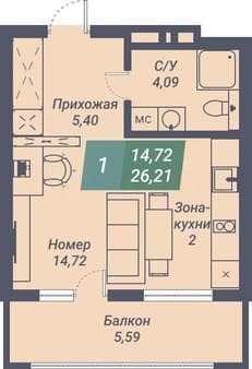 Продать однокомнатные апартаменты, 26.2 м², этаж 6 из 23. Фото 2