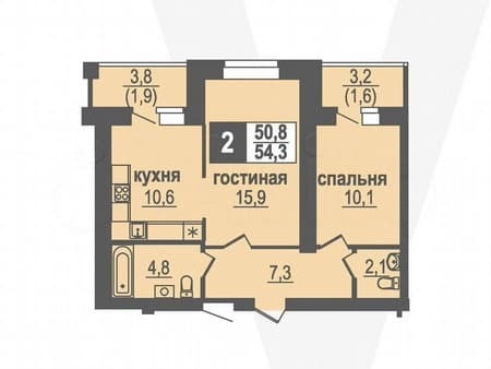 Продается двухкомнатная квартира, 54.3 м², этаж 4 из 10. Фото 1