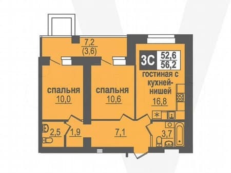Объявление о продаже трехкомнатной квартиры, 56.2 м², этаж 2 из 10. Фото 1