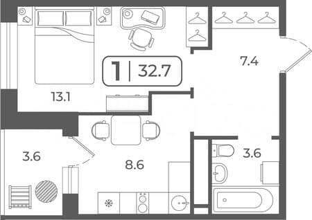 Купить однокомнатную квартиру, 32.8 м², этаж 8 из 22. Фото 2