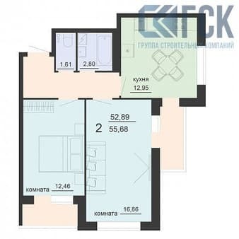 Купить двухкомнатную квартиру, 55.68 м², этаж 18 из 20. Фото 2
