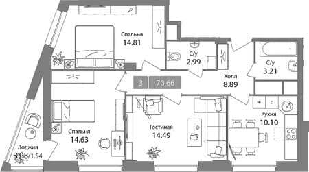 Купить трехкомнатную квартиру, 70.66 м², 10 мин. до метро на транспорте, этаж 2 из 17. Фото 1