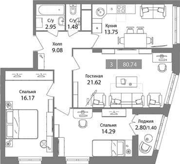 Продается трехкомнатная квартира, 80.74 м², 10 мин. до метро на транспорте, этаж 14 из 17. Фото 1