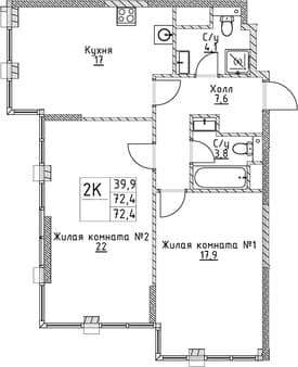 Продажа двухкомнатной квартиры, 72.4 м², 15 мин. до метро пешком, этаж 14 из 19. Фото 1