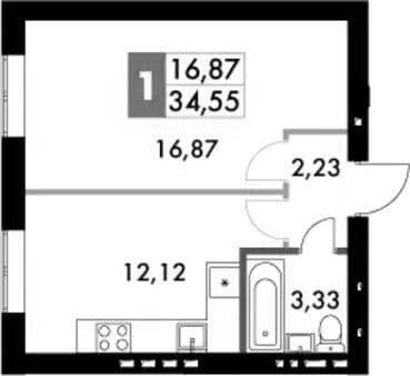 Продать однокомнатную квартиру, 34.55 м², 30 мин. до метро на транспорте, этаж 4 из 4. Фото 1