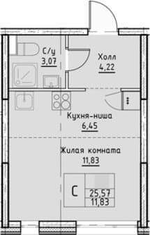 Объявление о продаже однокомнатной студии, 25.57 м², 20 мин. до метро на транспорте, этаж 11 из 25. Фото 1