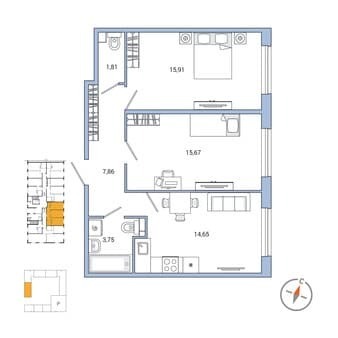 Продажа двухкомнатной квартиры, 59.65 м², этаж 1 из 7. Фото 1