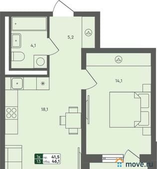 Продаю однокомнатную квартиру, 46.1 м², этаж 4 из 4. Фото 1