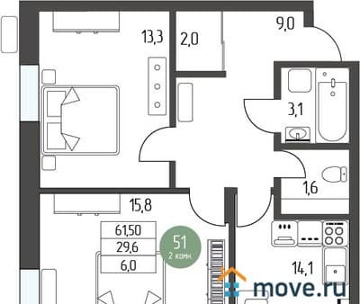 Продажа двухкомнатной квартиры, 65.7 м², этаж 2 из 5. Фото 1