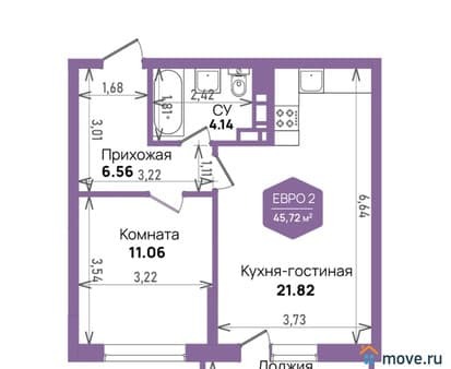 Продается однокомнатная квартира, 45.72 м², этаж 5 из 24. Фото 1