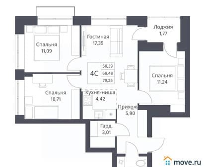 Купить четырехкомнатную квартиру, 68.48 м², этаж 15 из 18. Фото 1