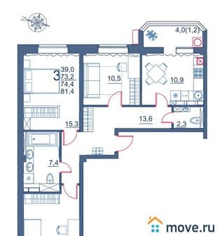 Продажа трехкомнатной квартиры, 81.4 м², этаж 5 из 9. Фото 7