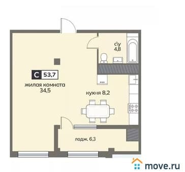 Продажа однокомнатной квартиры, 53.7 м², этаж 5 из 12. Фото 1
