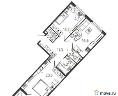 Продажа двухкомнатной квартиры, 70.6 м², этаж 4 из 9. Фото 1