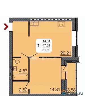 Продажа однокомнатной квартиры, 51.19 м², этаж 2 из 3. Фото 1