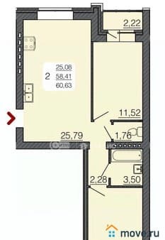 Продажа двухкомнатной квартиры, 60.63 м², этаж 2 из 3. Фото 1