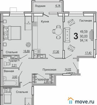Продам трехкомнатную квартиру, 94.14 м², этаж 5 из 15. Фото 1