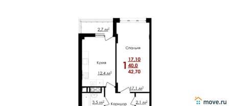 Продажа однокомнатной квартиры, 42.7 м², этаж 6 из 9. Фото 3