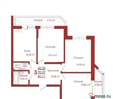 Продать трехкомнатную квартиру, 80 м², этаж 13 из 17. Фото 2