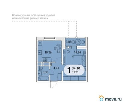 Продам однокомнатную квартиру, 34.3 м², этаж 9 из 16. Фото 1