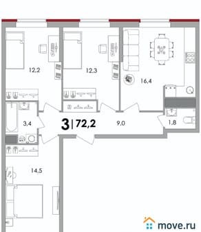 Продается трехкомнатная квартира, 72.2 м², этаж 1 из 18. Фото 1