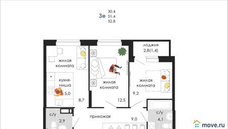 Продается трехкомнатная квартира, 52.8 м², этаж 11 из 19. Фото 1