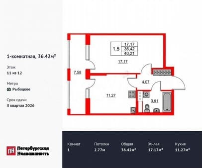Купить однокомнатную квартиру, 36.4 м², этаж 11 из 12. Фото 1