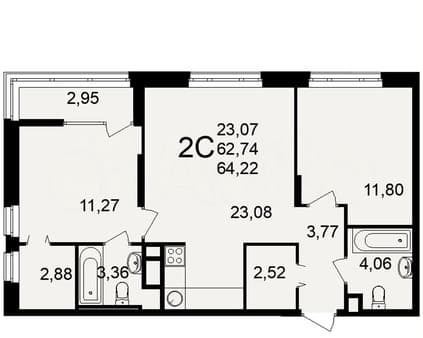 Продажа двухкомнатной квартиры, 64.2 м², этаж 2 из 25. Фото 3