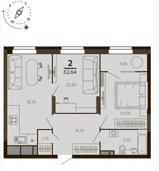 Купить двухкомнатную квартиру, 60.7 м², этаж 6 из 7. Фото 1