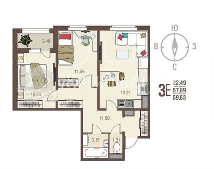Продажа трехкомнатной квартиры, 59.6 м², этаж 6 из 17. Фото 1