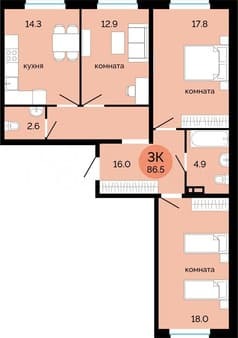 Купить трехкомнатную квартиру, 86.5 м², этаж 2 из 14. Фото 1