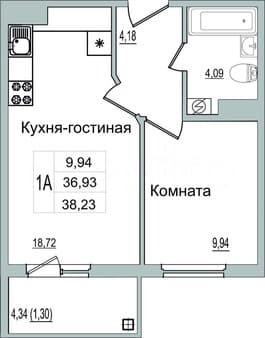 Продажа однокомнатной квартиры, 38.2 м², этаж 5 из 9. Фото 1