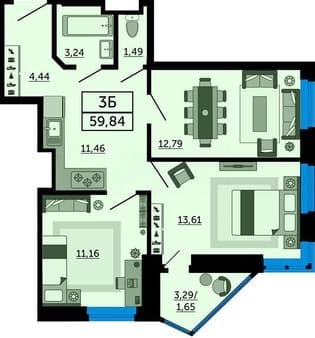 Продажа трехкомнатной квартиры, 59.8 м², этаж 1 из 26. Фото 1