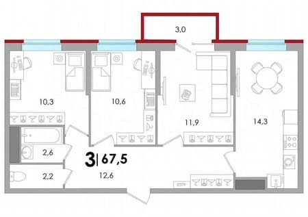 Продается трехкомнатная квартира, 67.5 м², этаж 12 из 18. Фото 7