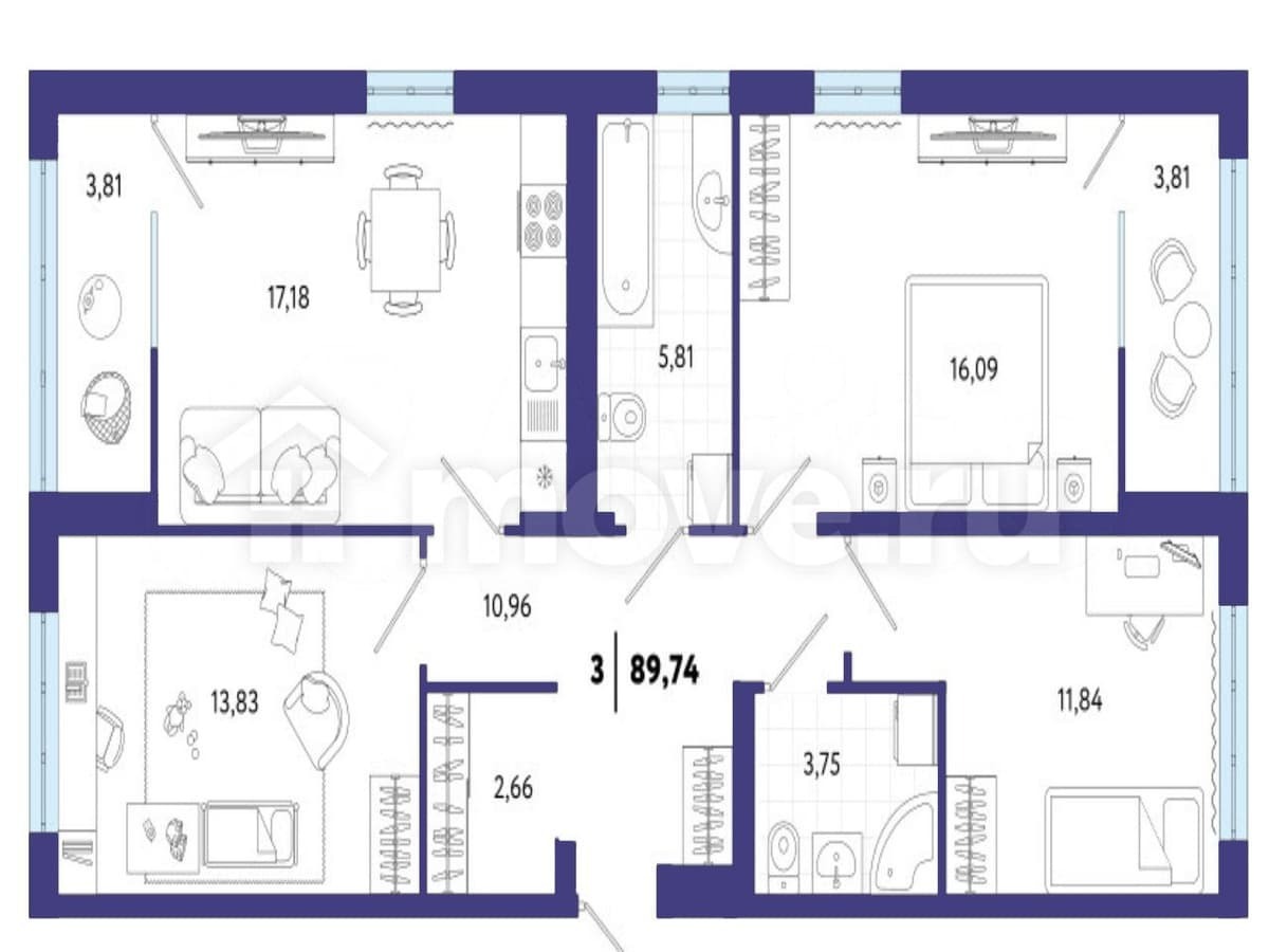 3-комн. квартира, 89.7 м²