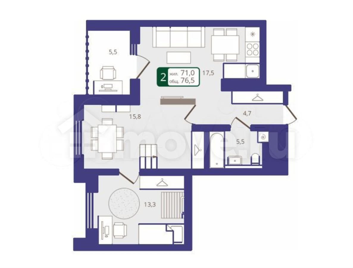 2-комн. квартира, 76.5 м²